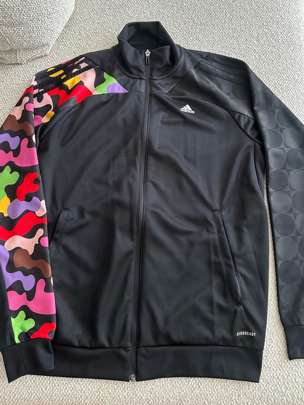 Adidas Rich Mnisi Black Jacket with Multicolor Camo Left Sleeve